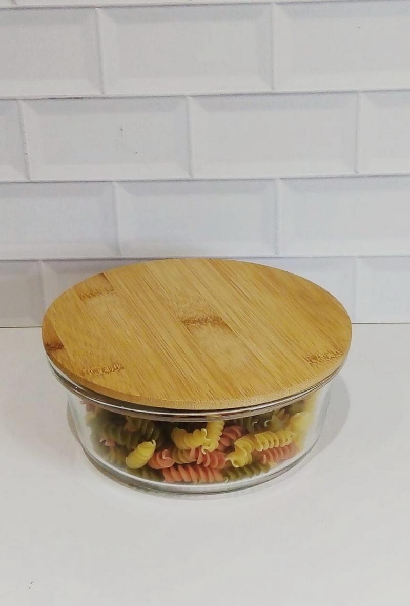 RECIPIENTE DE VIDRIO REDONDO C/TAPA BAMBU